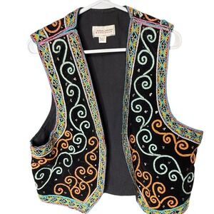 Carol Horn Workshop Black Cotton Velvet Embroidered Sequin Vest Multi-Color Boho